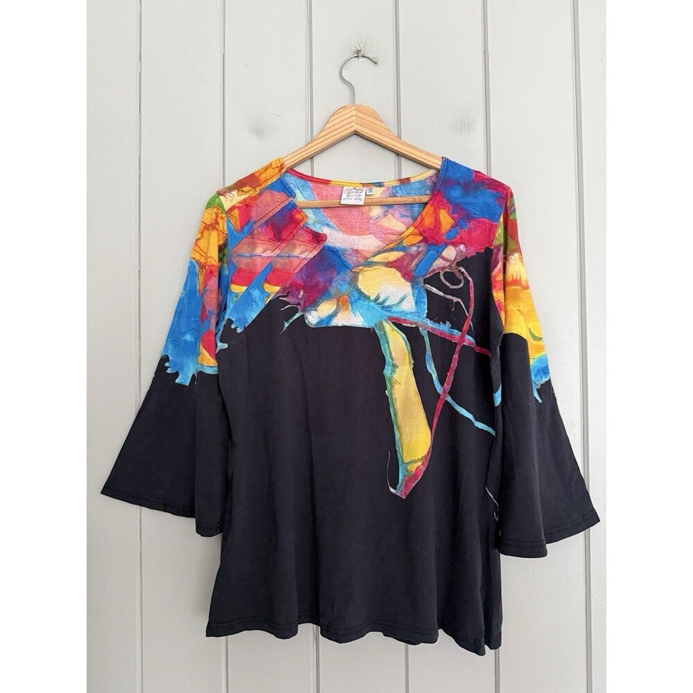 Parsley & Sage Top M Medium Rainbow Tie Dye Knit Geometric Neckline Bell Sleeves